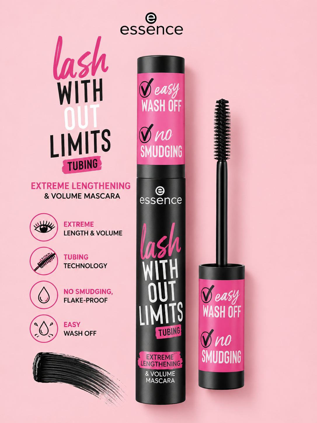 Essence 
lash WITHOUT LIMITS TUBING Extreme Lengthening & Volume Mascara