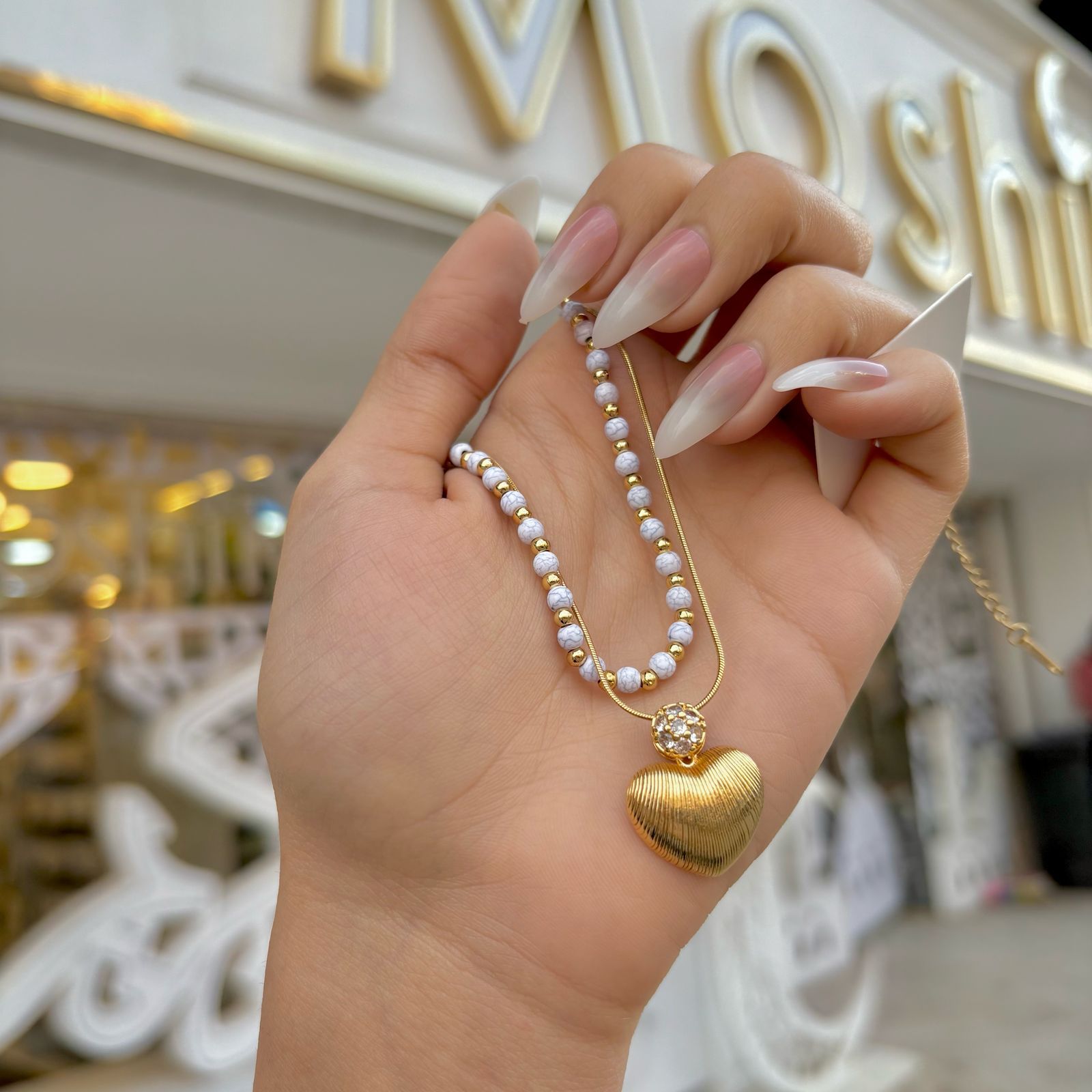 Two-layer white bead chain